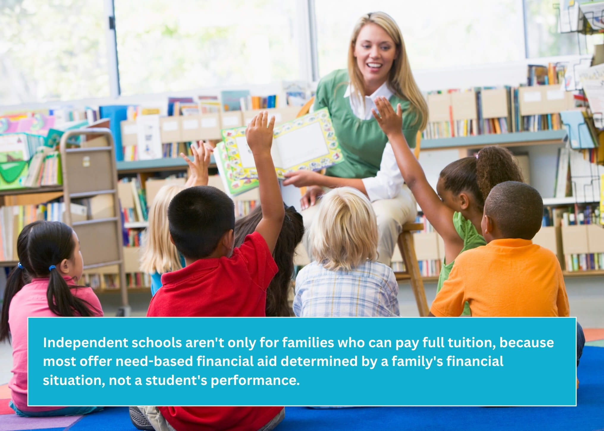 Many Independent Schools Offer Financial Aid: Independent school teacher engaging a diverse group of students during an interactive classroom lesson